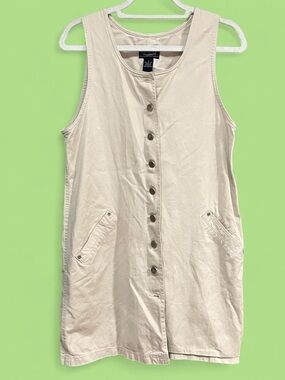 Beige Button-Front Sleeveless Pinafore Dress